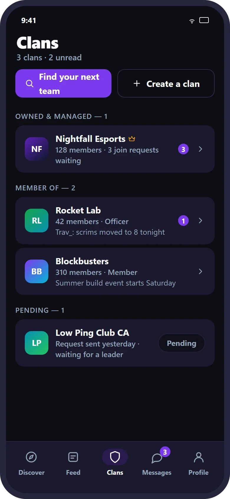 The Clans tab, listing the player's clans: one they own, two they belong to and one with a join request pending. Buttons: 'Find your next team' and 'Create a clan'.