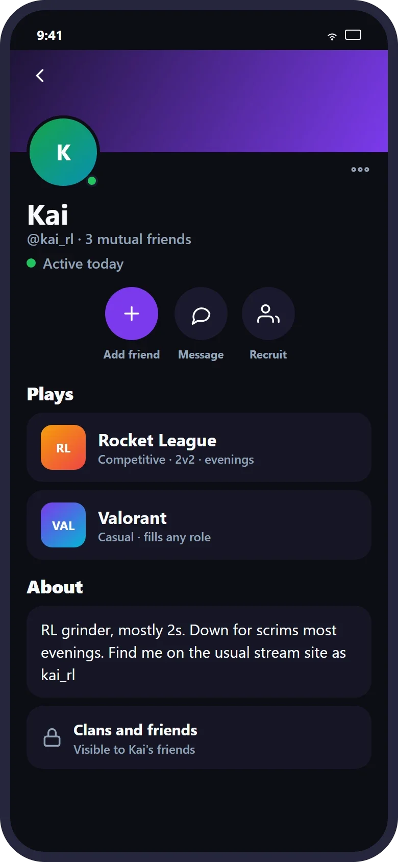 The profile of another player, Kai (@kai_rl), who plays Rocket League (competitive, 2v2, evenings) and Valorant (casual, fills any role), with Add friend, Message and Recruit buttons.